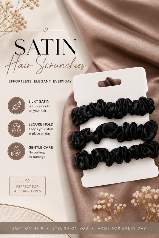 9 Small Black Satin Scrunchies