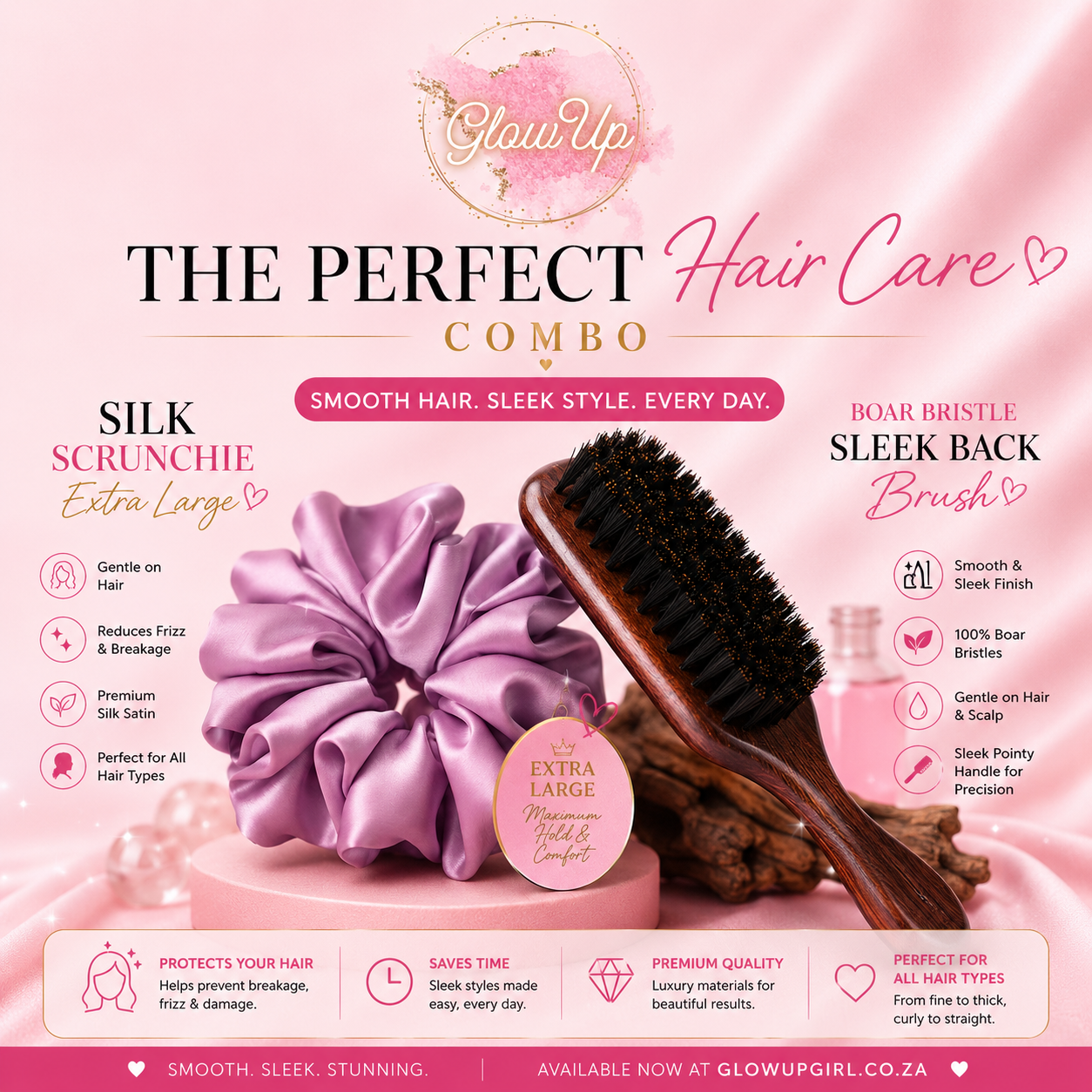 Boar Bristle Sleek Back Styling Brush & XL Scrunchie Combo